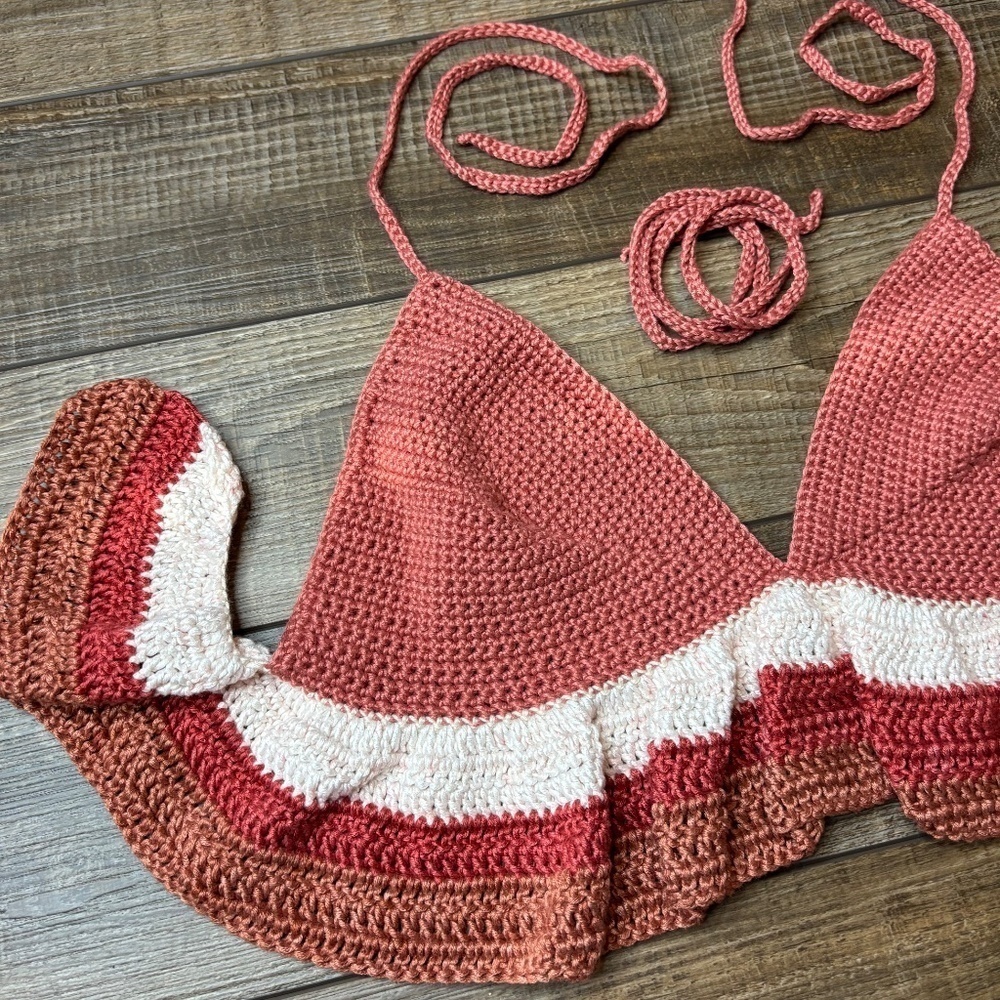 Handcrafted Ruffle Halter Crop Top Bamboo Yarn Art Handmade Crochet Knit Summer - Picture 10 of 16